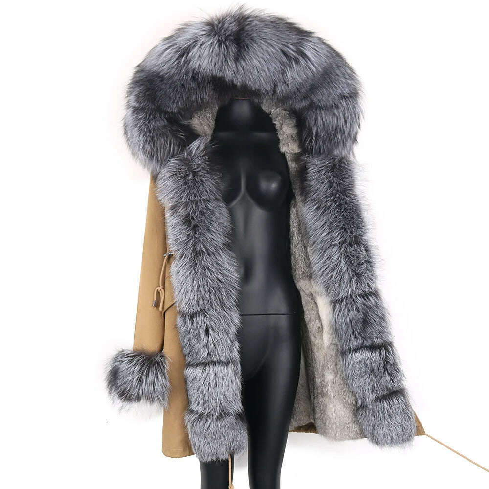 Winter Real Rabbit Fur Coat Women Long Jacket Waterproof Parkas Rex Rabbit Liner Removable Raccoon Fur Collar Hooded Outwear - KIMLUD