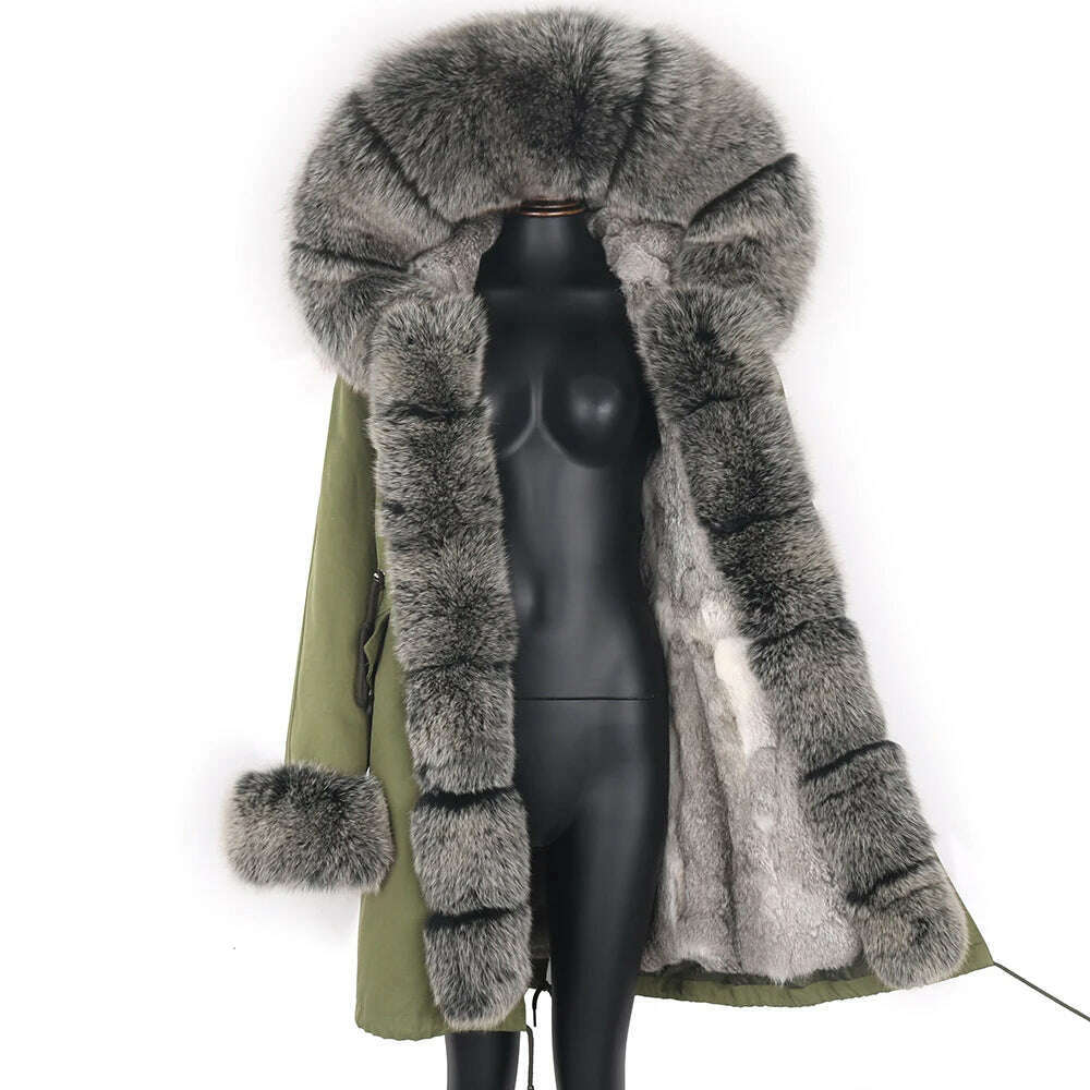 Winter Real Rabbit Fur Coat Women Long Jacket Waterproof Parkas Rex Rabbit Liner Removable Raccoon Fur Collar Hooded Outwear - KIMLUD