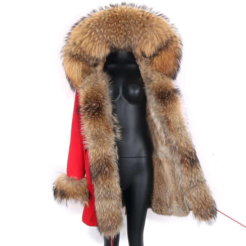 Winter Real Rabbit Fur Coat Women Long Jacket Waterproof Parkas Rex Rabbit Liner Removable Raccoon Fur Collar Hooded Outwear - KIMLUD