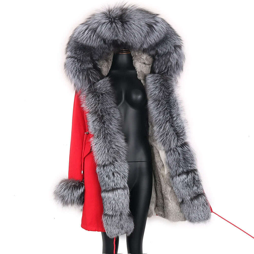 Winter Real Rabbit Fur Coat Women Long Jacket Waterproof Parkas Rex Rabbit Liner Removable Raccoon Fur Collar Hooded Outwear - KIMLUD