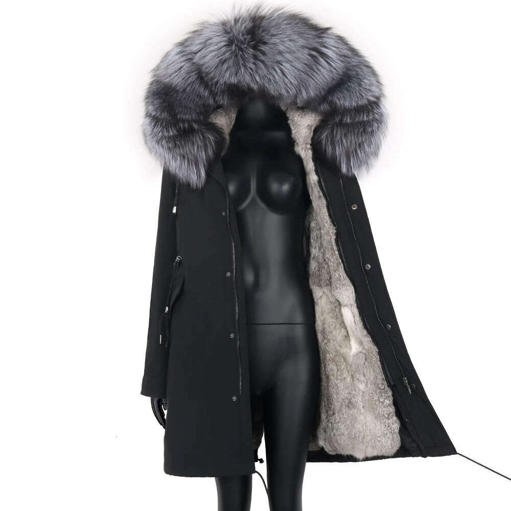 KIMLUD, Winter Real Rabbit Fur Coat Women Long Jacket Waterproof Parkas Rex Rabbit Liner Removable Raccoon Fur Collar Hooded Outwear, KIMLUD Womens Clothes