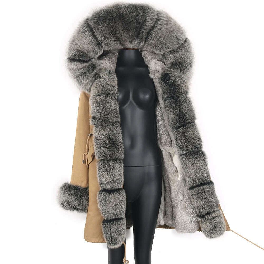 Winter Real Rabbit Fur Coat Women Long Jacket Waterproof Parkas Rex Rabbit Liner Removable Raccoon Fur Collar Hooded Outwear - KIMLUD