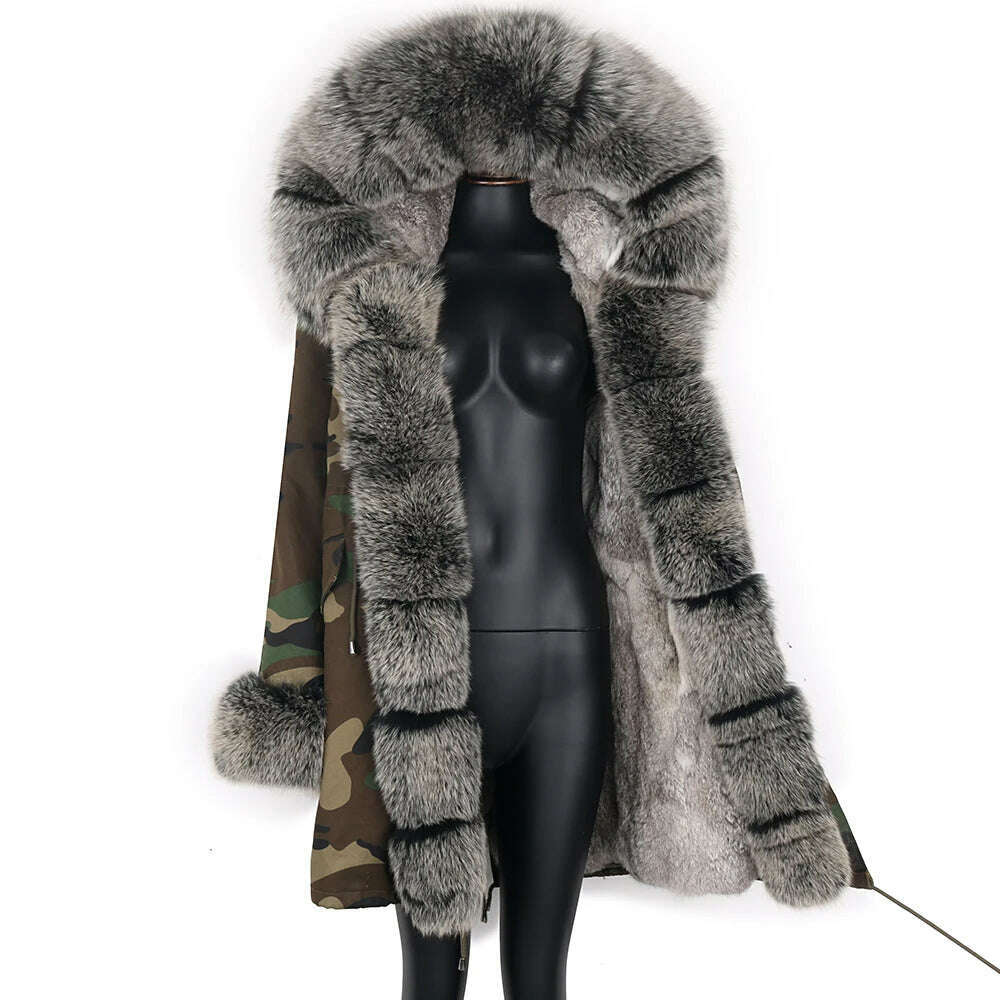 Winter Real Rabbit Fur Coat Women Long Jacket Waterproof Parkas Rex Rabbit Liner Removable Raccoon Fur Collar Hooded Outwear - KIMLUD