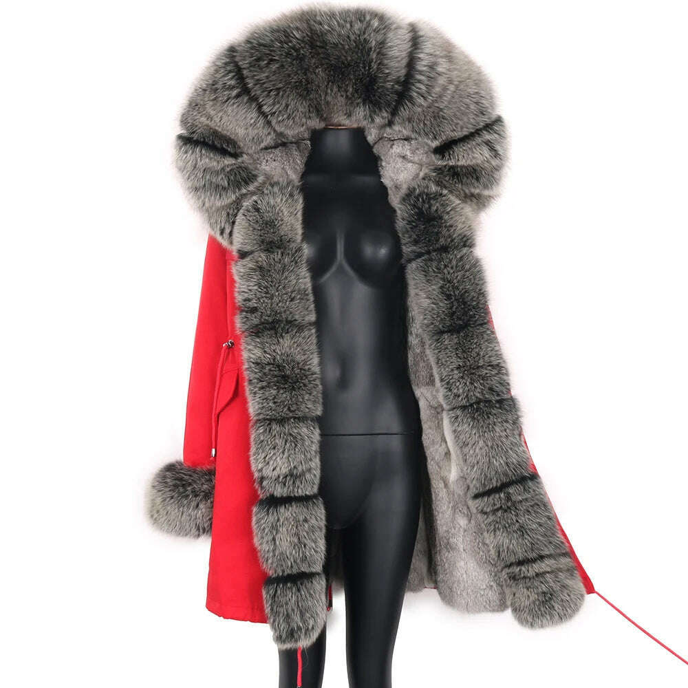 KIMLUD, Winter Real Rabbit Fur Coat Women Long Jacket Waterproof Parkas Rex Rabbit Liner Removable Raccoon Fur Collar Hooded Outwear, KIMLUD Womens Clothes