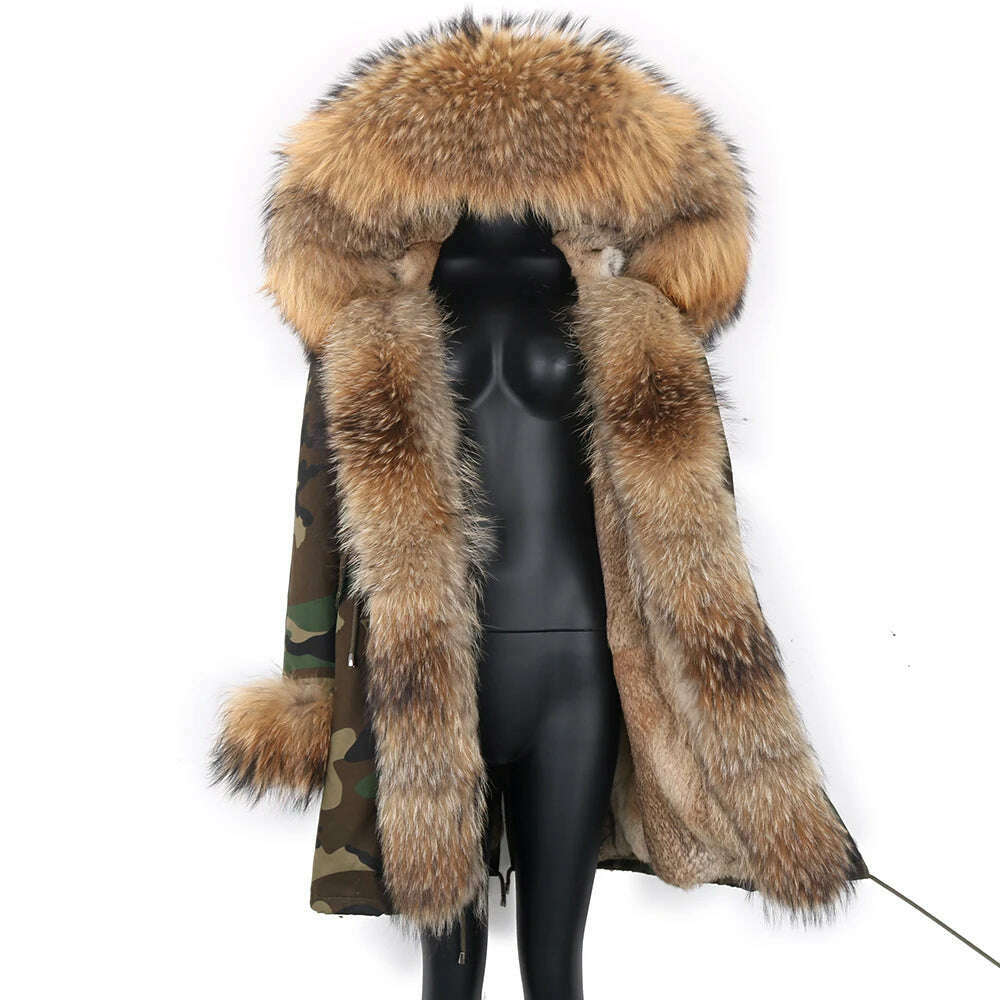 Winter Real Rabbit Fur Coat Women Long Jacket Waterproof Parkas Rex Rabbit Liner Removable Raccoon Fur Collar Hooded Outwear - KIMLUD