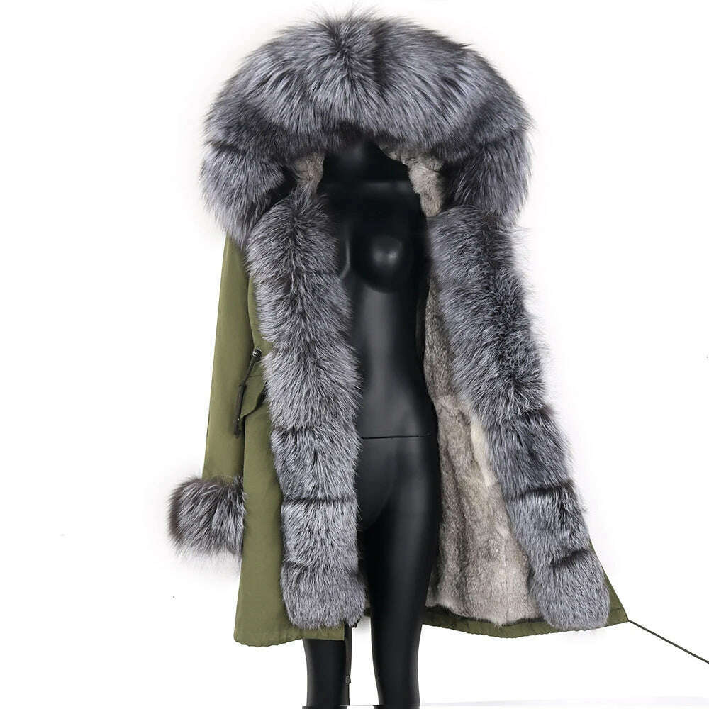 Winter Real Rabbit Fur Coat Women Long Jacket Waterproof Parkas Rex Rabbit Liner Removable Raccoon Fur Collar Hooded Outwear - KIMLUD