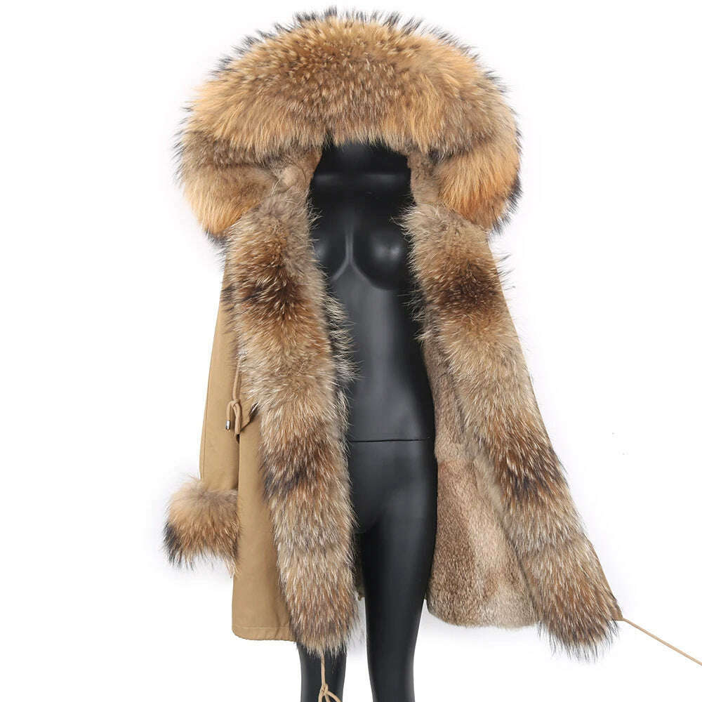 Winter Real Rabbit Fur Coat Women Long Jacket Waterproof Parkas Rex Rabbit Liner Removable Raccoon Fur Collar Hooded Outwear - KIMLUD