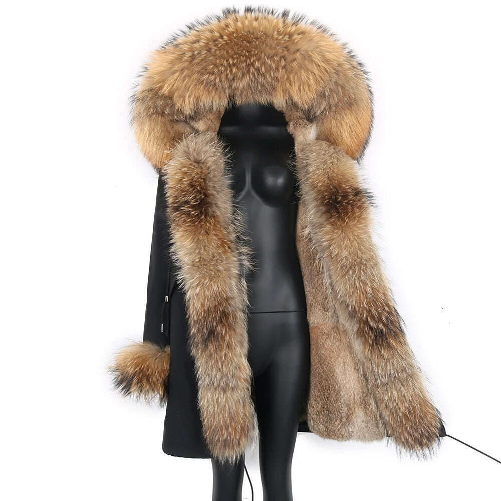 KIMLUD, Winter Real Rabbit Fur Coat Women Long Jacket Waterproof Parkas Rex Rabbit Liner Removable Raccoon Fur Collar Hooded Outwear, KIMLUD Womens Clothes