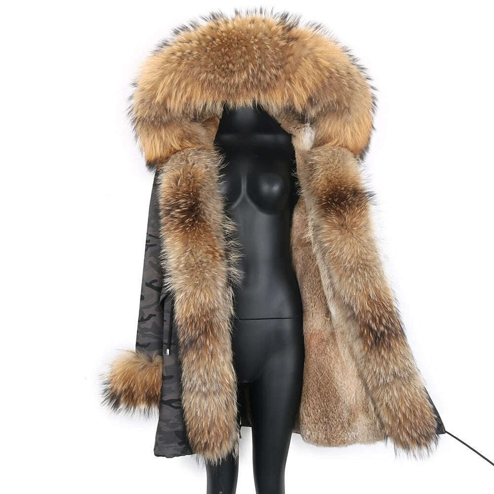 Winter Real Rabbit Fur Coat Women Long Jacket Waterproof Parkas Rex Rabbit Liner Removable Raccoon Fur Collar Hooded Outwear - KIMLUD