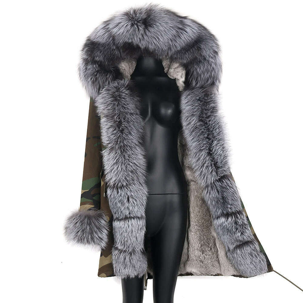 Winter Real Rabbit Fur Coat Women Long Jacket Waterproof Parkas Rex Rabbit Liner Removable Raccoon Fur Collar Hooded Outwear - KIMLUD