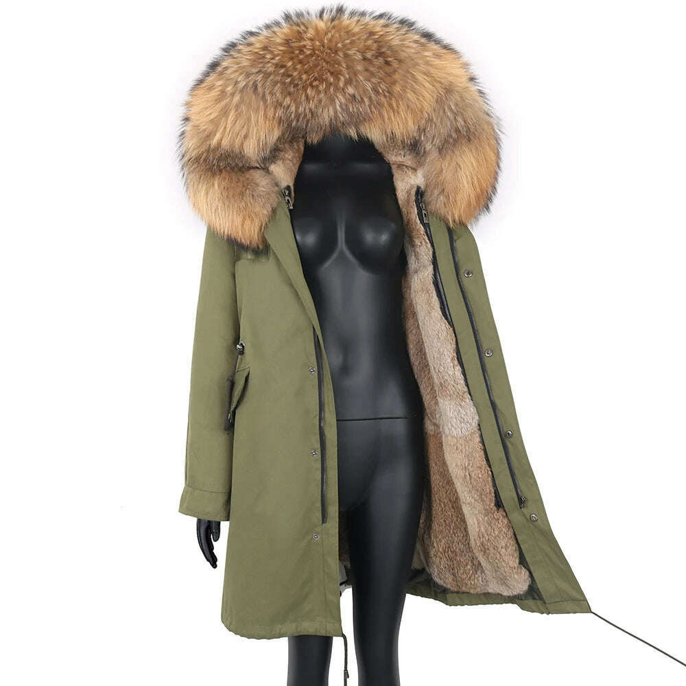 Winter Real Rabbit Fur Coat Women Long Jacket Waterproof Parkas Rex Rabbit Liner Removable Raccoon Fur Collar Hooded Outwear - KIMLUD