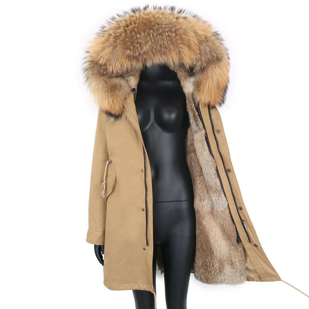 Winter Real Rabbit Fur Coat Women Long Jacket Waterproof Parkas Rex Rabbit Liner Removable Raccoon Fur Collar Hooded Outwear - KIMLUD