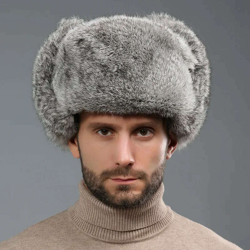 Winter Russian Man Woman Wholeskin Faux Rex Rabbit Fur Hats Luxury Faux Sheep Skin Leather Cap Fur Bomber Hat Ushanka Hats - KIMLUD