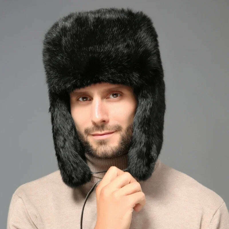 Winter Russian Man Woman Wholeskin Faux Rex Rabbit Fur Hats Luxury Faux Sheep Skin Leather Cap Fur Bomber Hat Ushanka Hats - KIMLUD