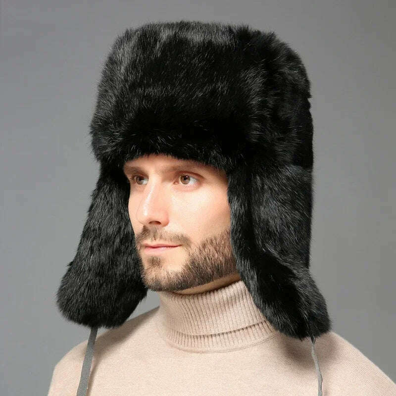 Winter Russian Man Woman Wholeskin Faux Rex Rabbit Fur Hats Luxury Faux Sheep Skin Leather Cap Fur Bomber Hat Ushanka Hats - KIMLUD