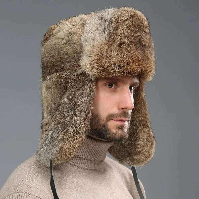 Winter Russian Man Woman Wholeskin Faux Rex Rabbit Fur Hats Luxury Faux Sheep Skin Leather Cap Fur Bomber Hat Ushanka Hats - KIMLUD