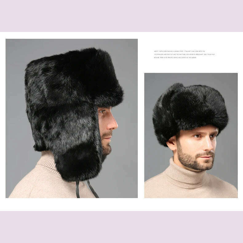 Winter Russian Man Woman Wholeskin Faux Rex Rabbit Fur Hats Luxury Faux Sheep Skin Leather Cap Fur Bomber Hat Ushanka Hats - KIMLUD