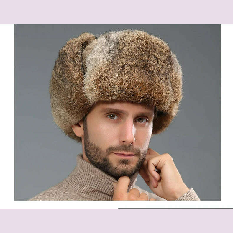 Winter Russian Man Woman Wholeskin Faux Rex Rabbit Fur Hats Luxury Faux Sheep Skin Leather Cap Fur Bomber Hat Ushanka Hats - KIMLUD