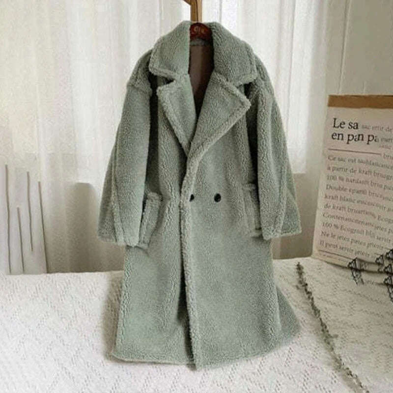 KIMLUD, Winter Thick Jacket Women Faux Fur Lambswool Fleece Teddy Coat Female Fashion Solid Color Loose Long Sleeve Lapel Long Outerwear, green / XS, KIMLUD APPAREL - Womens Clothes