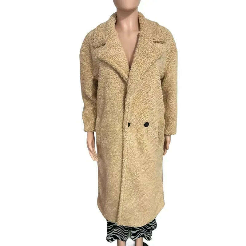 KIMLUD, Winter Thick Jacket Women Faux Fur Lambswool Fleece Teddy Coat Female Fashion Solid Color Loose Long Sleeve Lapel Long Outerwear, Khaki / XS, KIMLUD APPAREL - Womens Clothes