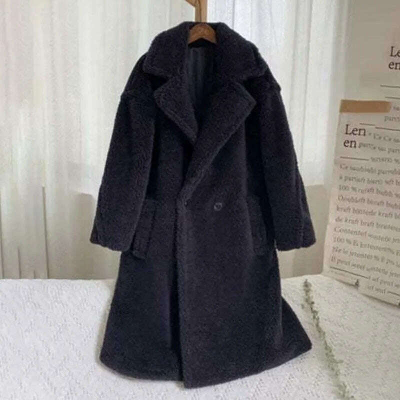 KIMLUD, Winter Thick Jacket Women Faux Fur Lambswool Fleece Teddy Coat Female Fashion Solid Color Loose Long Sleeve Lapel Long Outerwear, Navy blue / XS, KIMLUD APPAREL - Womens Clothes