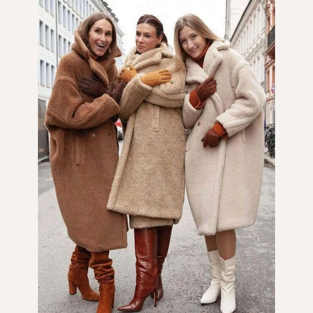 KIMLUD, Winter Thick Jacket Women Faux Fur Lambswool Fleece Teddy Coat Female Fashion Solid Color Loose Long Sleeve Lapel Long Outerwear, KIMLUD Womens Clothes