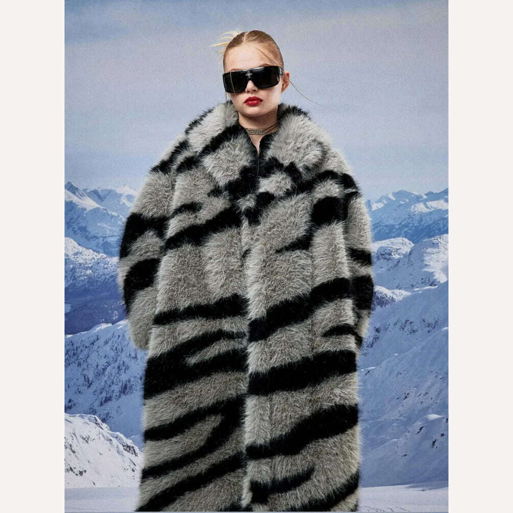 KIMLUD, Winter Vintage Thick Warm Long Faux Fur Coat Women Fluffy Jacket Fur Coat Plus Size Korean Cardigan Outerwear Tops Zebra Print, KIMLUD Womens Clothes