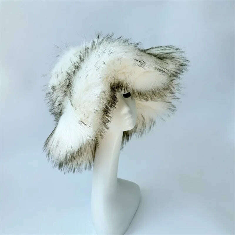 KIMLUD, Winter Warm Faux Fur Bucket Hats For Women Girl Big Faux Fur Fluffy Luxury Plush Fisherman Caps Fashion Outdoor Ski Hat, 53 / CHINA / 55-60CM, KIMLUD APPAREL - Womens Clothes