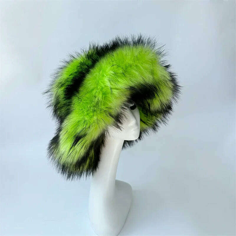 KIMLUD, Winter Warm Faux Fur Bucket Hats For Women Girl Big Faux Fur Fluffy Luxury Plush Fisherman Caps Fashion Outdoor Ski Hat, KIMLUD Womens Clothes