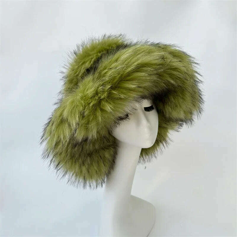 KIMLUD, Winter Warm Faux Fur Bucket Hats For Women Girl Big Faux Fur Fluffy Luxury Plush Fisherman Caps Fashion Outdoor Ski Hat, KIMLUD Womens Clothes