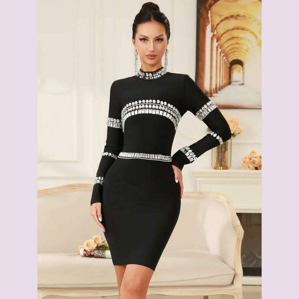 Winter Women Celebrity Sexy Long Sleeve Diamonds Beading Black Mini Bandage Dress 2024 Knitted Elegant Evening Club Party Dress - KIMLUD