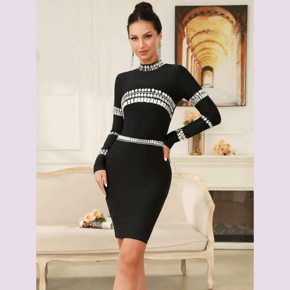 Winter Women Celebrity Sexy Long Sleeve Diamonds Beading Black Mini Bandage Dress 2024 Knitted Elegant Evening Club Party Dress - KIMLUD