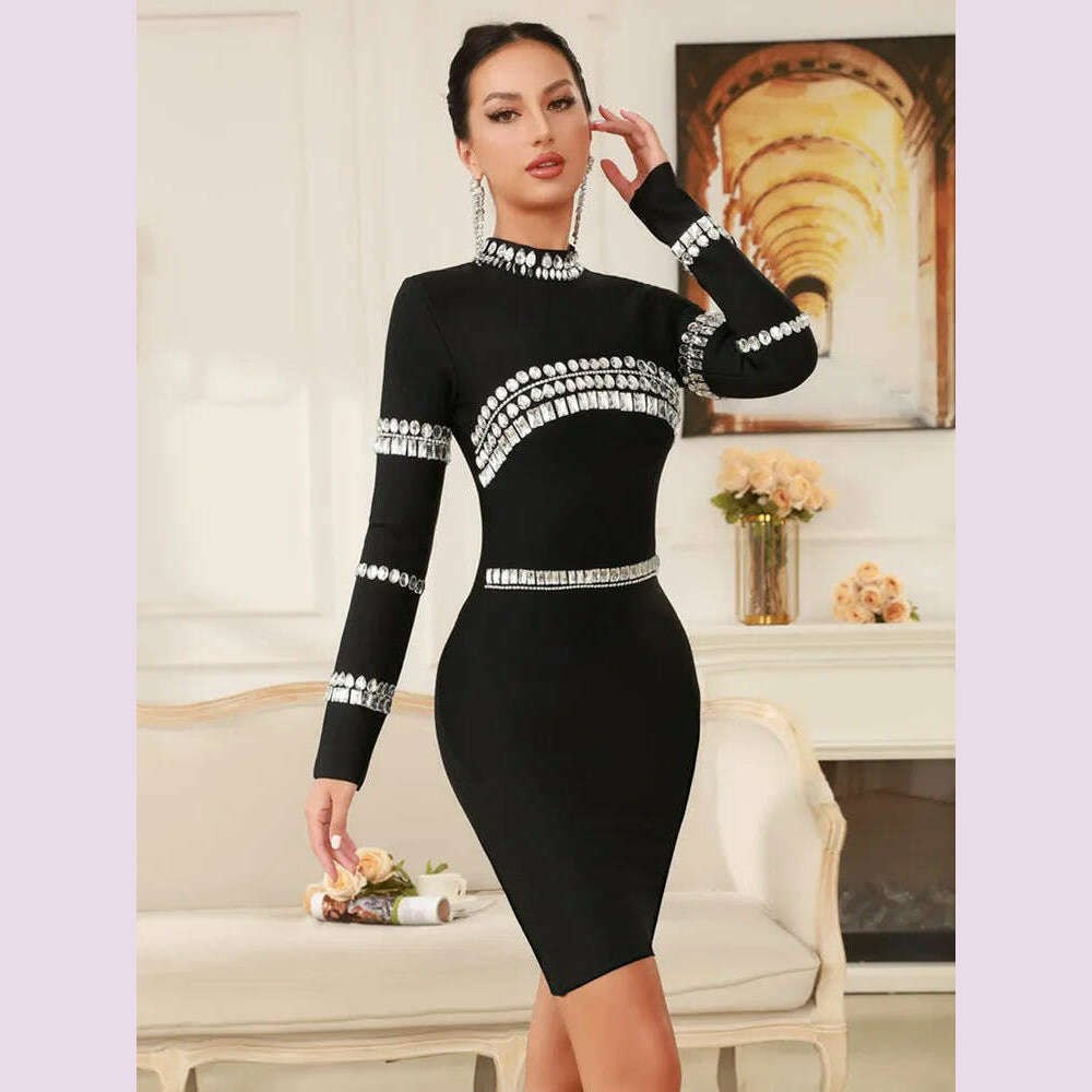 Winter Women Celebrity Sexy Long Sleeve Diamonds Beading Black Mini Bandage Dress 2024 Knitted Elegant Evening Club Party Dress - KIMLUD