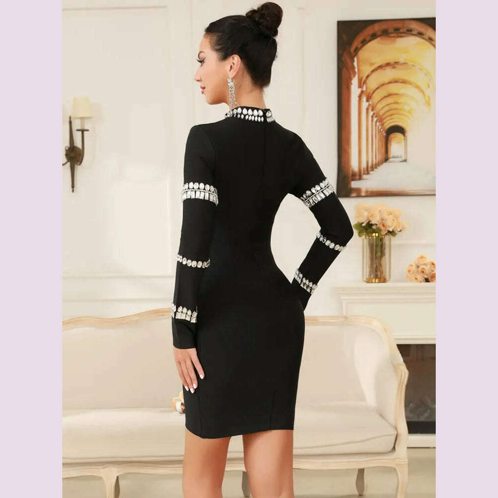 KIMLUD, Winter Women Celebrity Sexy Long Sleeve Diamonds Beading Black Mini Bandage Dress 2024 Knitted Elegant Evening Club Party Dress, KIMLUD Womens Clothes