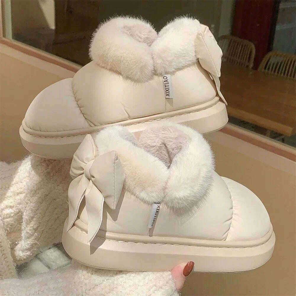 KIMLUD, Winter Women Cute Warm Ankle Boots Outdoor Non-slip Thick Sole Snow Boots Furry Bow Cotton Shoes Men Pu Waterproof Plush Boots, Beige / 36-37(fit 35-36), KIMLUD APPAREL - Womens Clothes