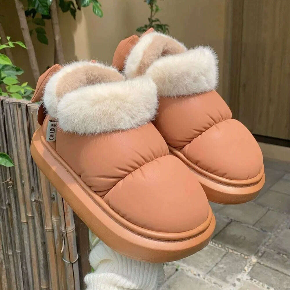 KIMLUD, Winter Women Cute Warm Ankle Boots Outdoor Non-slip Thick Sole Snow Boots Furry Bow Cotton Shoes Men Pu Waterproof Plush Boots, KIMLUD Womens Clothes