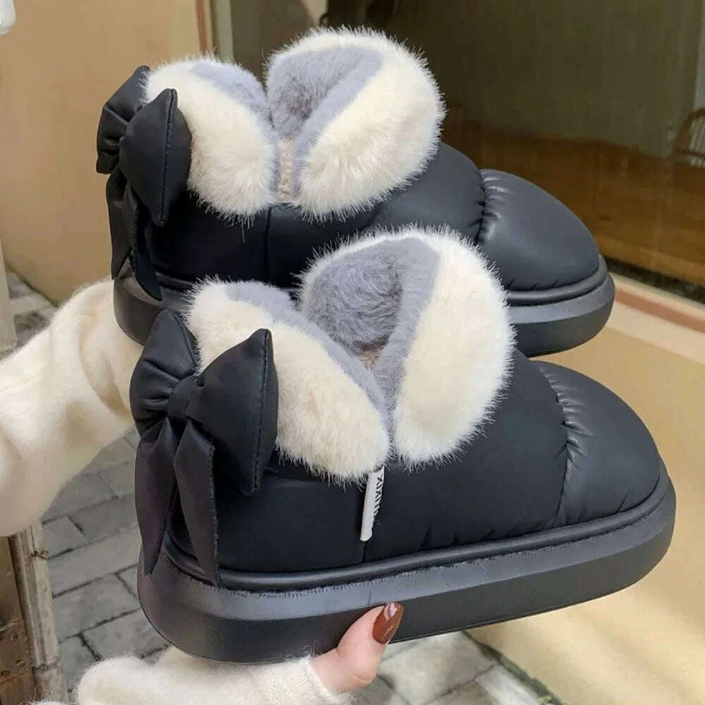 KIMLUD, Winter Women Cute Warm Ankle Boots Outdoor Non-slip Thick Sole Snow Boots Furry Bow Cotton Shoes Men Pu Waterproof Plush Boots, KIMLUD Womens Clothes