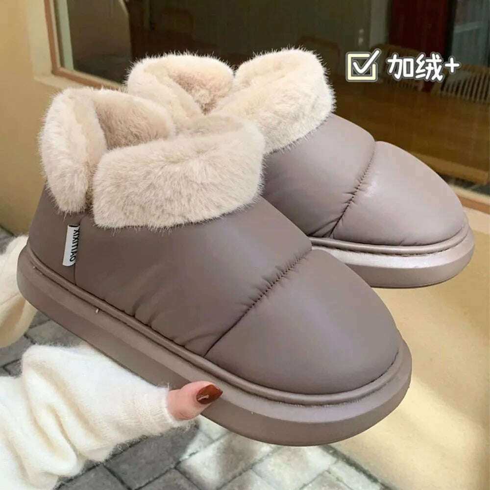 KIMLUD, Winter Women Cute Warm Ankle Boots Outdoor Non-slip Thick Sole Snow Boots Furry Bow Cotton Shoes Men Pu Waterproof Plush Boots, KIMLUD Womens Clothes