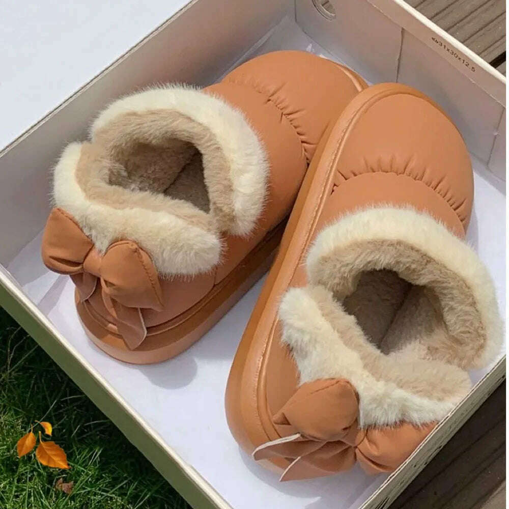 KIMLUD, Winter Women Cute Warm Ankle Boots Outdoor Non-slip Thick Sole Snow Boots Furry Bow Cotton Shoes Men Pu Waterproof Plush Boots, KIMLUD Womens Clothes