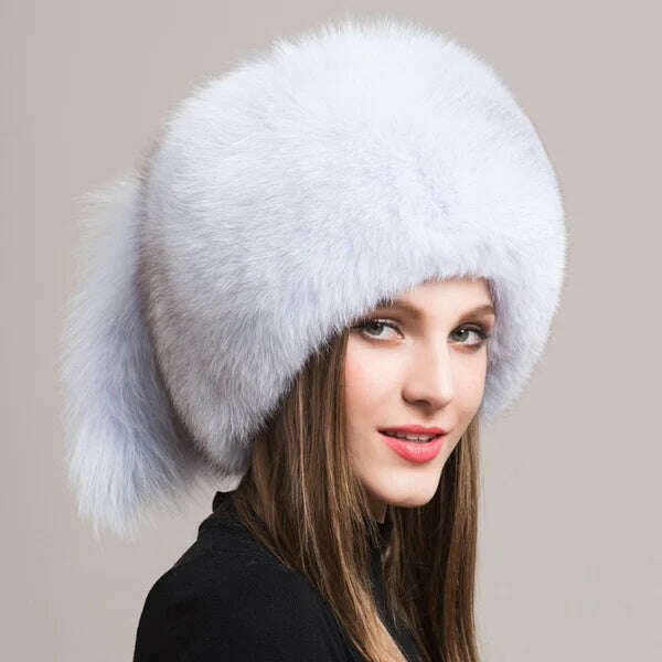 KIMLUD, Winter Women Fashion Real Fur Hat Natural Fox Fur Hats Headgear Russian Outdoor Cap Ladies Thicken Warm Fur Caps, white black two tail, KIMLUD APPAREL - Womens Clothes