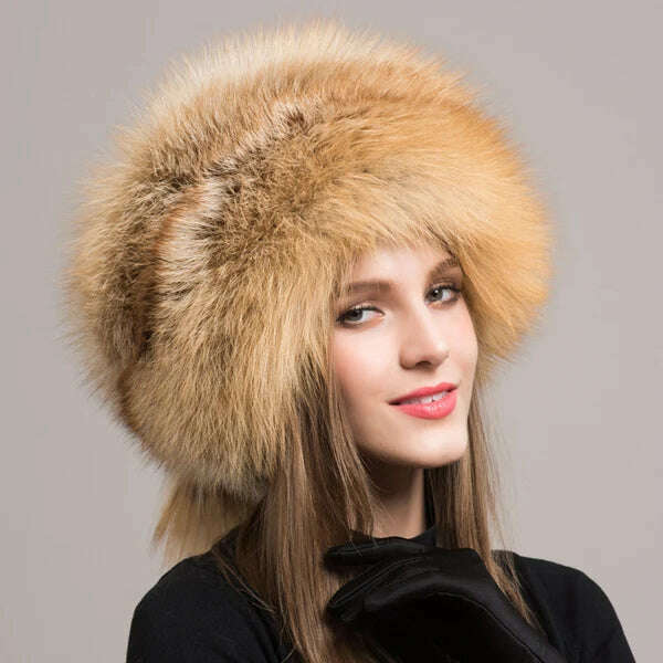 KIMLUD, Winter Women Fashion Real Fur Hat Natural Fox Fur Hats Headgear Russian Outdoor Cap Ladies Thicken Warm Fur Caps, Red fox two tails, KIMLUD APPAREL - Womens Clothes