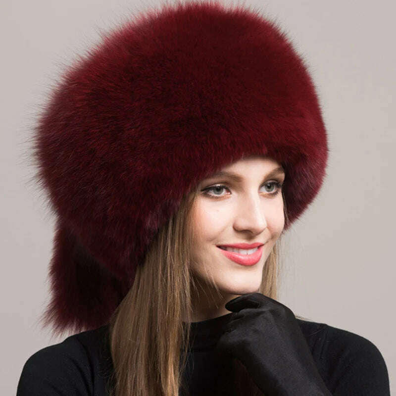 KIMLUD, Winter Women Fashion Real Fur Hat Natural Fox Fur Hats Headgear Russian Outdoor Cap Ladies Thicken Warm Fur Caps, KIMLUD Womens Clothes