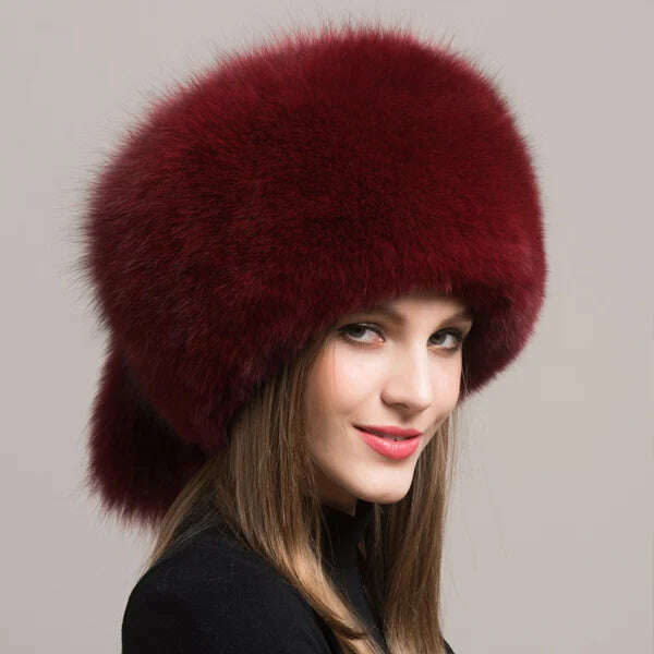 KIMLUD, Winter Women Fashion Real Fur Hat Natural Fox Fur Hats Headgear Russian Outdoor Cap Ladies Thicken Warm Fur Caps, Wine red two tails, KIMLUD APPAREL - Womens Clothes