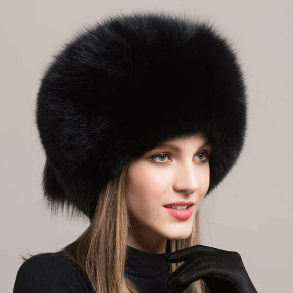 KIMLUD, Winter Women Fashion Real Fur Hat Natural Fox Fur Hats Headgear Russian Outdoor Cap Ladies Thicken Warm Fur Caps, Black two tails, KIMLUD APPAREL - Womens Clothes