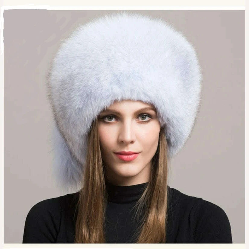 Winter Women Fashion Real Fur Hat Natural Fox Fur Hats Headgear Russian Outdoor Cap Ladies Thicken Warm Fur Caps - KIMLUD