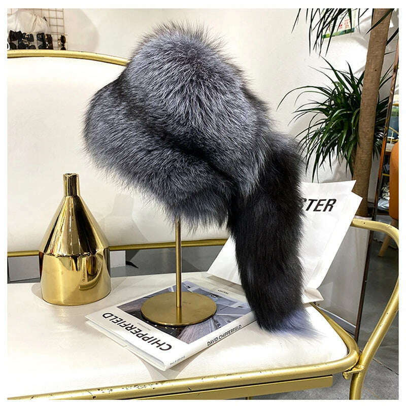 KIMLUD, Winter Women Fur Cap Real Genuine Natural Fox Fur Hats Headgear Russian Outdoor Girls Beanies Cap Ladies Warm Fashion Bomber Hat, silver fox fur, KIMLUD APPAREL - Womens Clothes