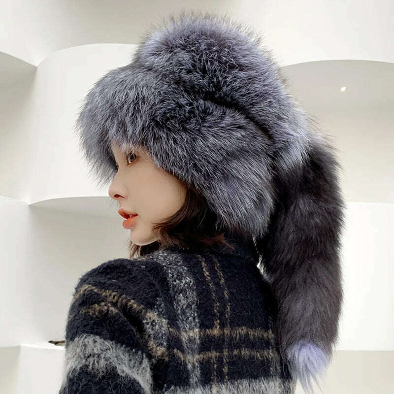 KIMLUD, Winter Women Fur Cap Real Genuine Natural Fox Fur Hats Headgear Russian Outdoor Girls Beanies Cap Ladies Warm Fashion Bomber Hat, KIMLUD Womens Clothes