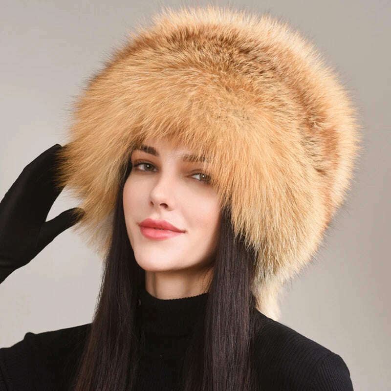 KIMLUD, Winter Women Fur Cap Real Genuine Natural Fox Fur Hats Headgear Russian Outdoor Girls Beanies Cap Ladies Warm Fashion Bomber Hat, KIMLUD Womens Clothes