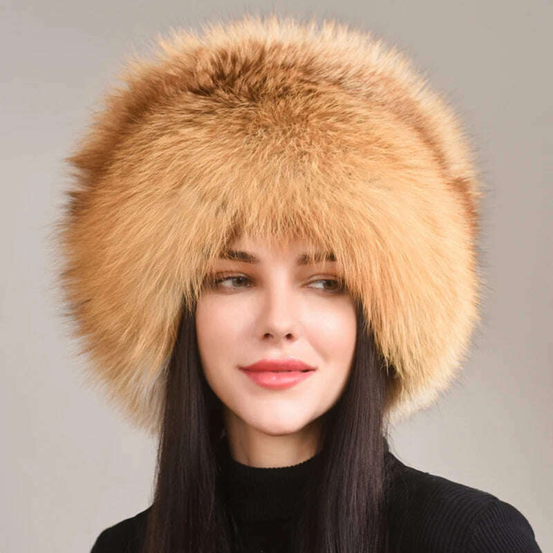 Winter Women Fur Cap Real Genuine Natural Fox Fur Hats Headgear Russian Outdoor Girls Beanies Cap Ladies Warm Fashion Bomber Hat - KIMLUD