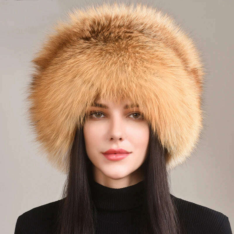 KIMLUD, Winter Women Fur Cap Real Genuine Natural Fox Fur Hats Headgear Russian Outdoor Girls Beanies Cap Ladies Warm Fashion Bomber Hat, KIMLUD Womens Clothes